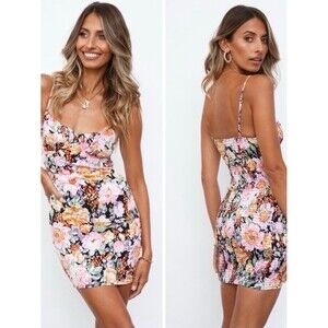 Hello Molly Black Floral Smocked Mini Dress with Pink & Peach Blooms